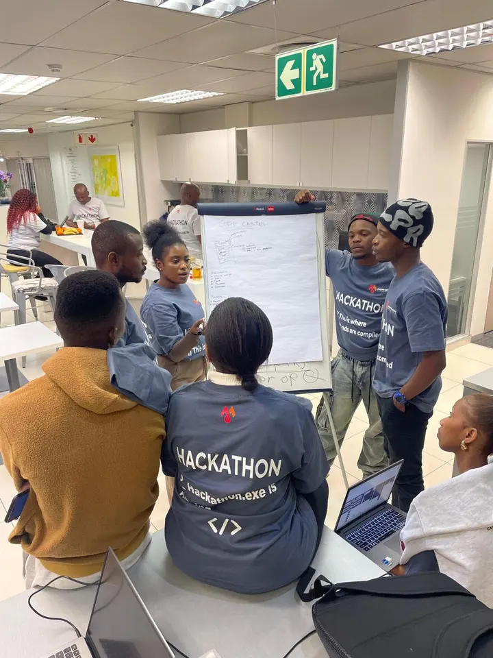 A team gathered around a flip chart during a work hackathon
